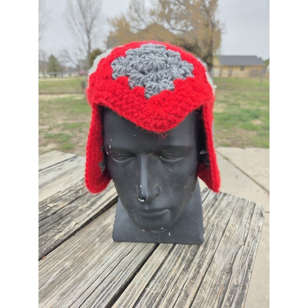 Handmade‎ Crochet Granny Square Slouchy Beanie Hat Adult Size Red Gray White